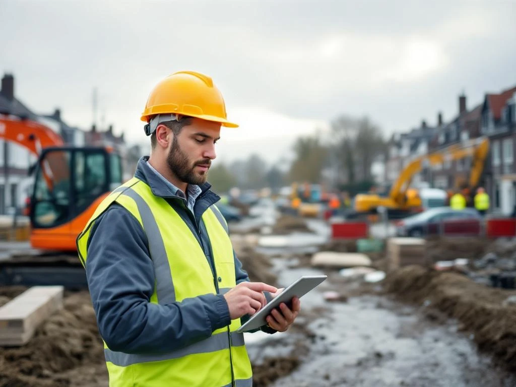 Milieumanager met tablet en veiligheidshelm op bouwplaats met graafmachines en Nederlandse woningen op achtergrond