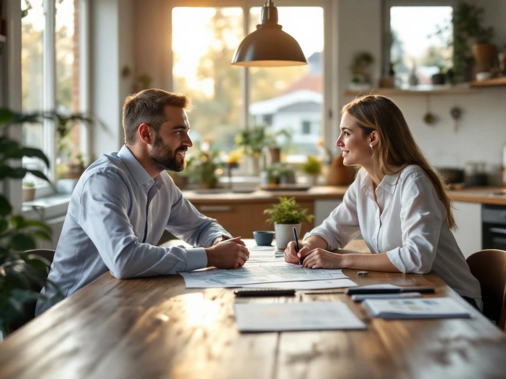 Milieumanager en huiseigenaar in gesprek aan keukentafel met projectdocumenten in Nederlandse woonkamer