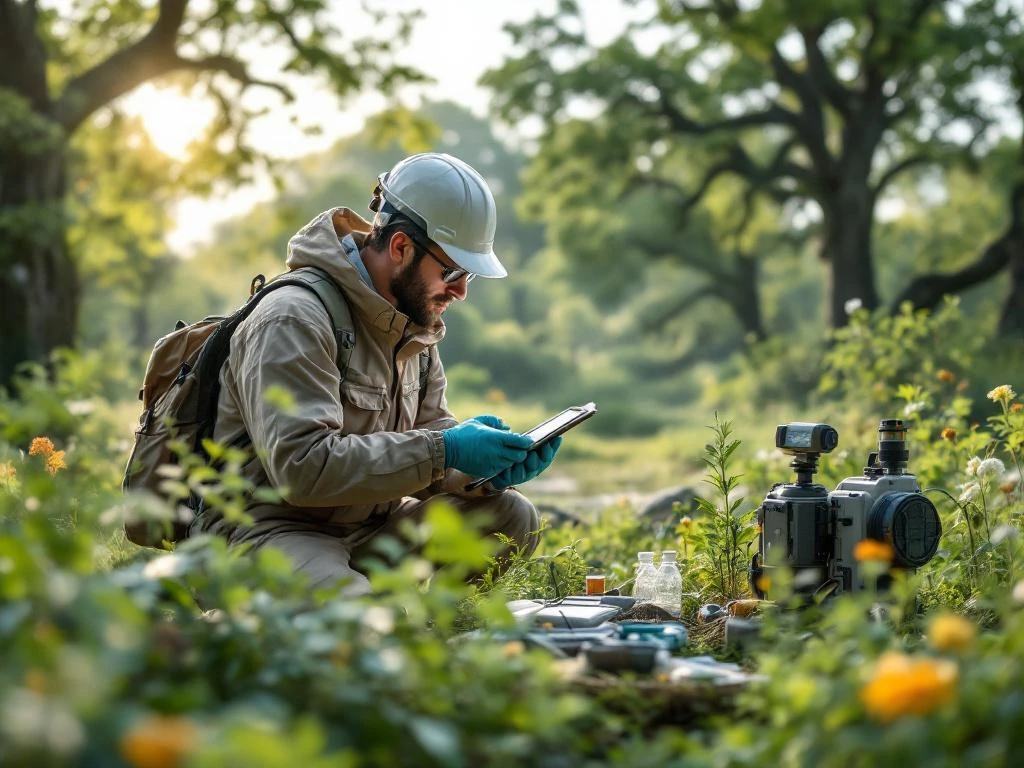 Milieuonderzoeker verzamelt data in Nederlands natuurreservaat met wetenschappelijke apparatuur tussen wetlands en bomen