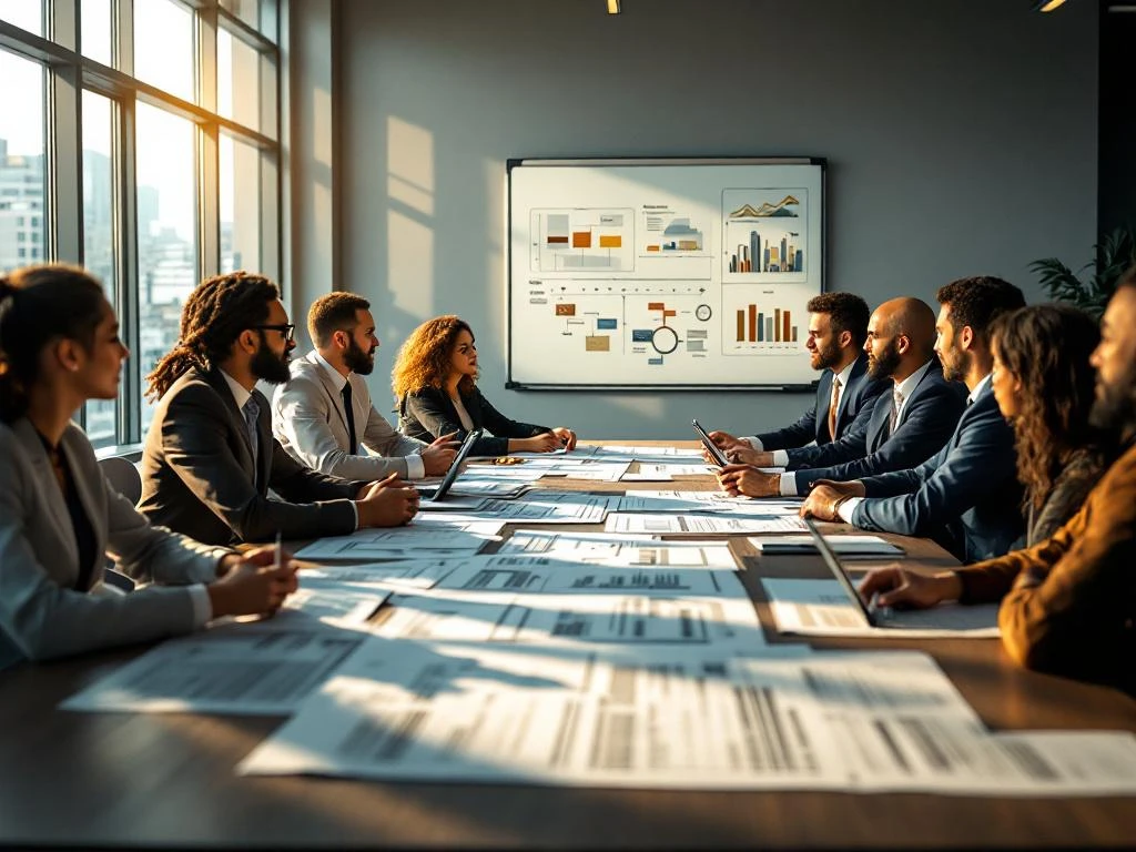 Diverse professionals bespreken juridische documenten en blauwdrukken in moderne vergaderruimte met natuurlijk licht