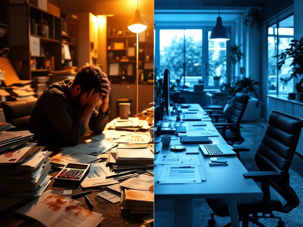 Gesplitst beeld toont rommelig thuiskantoor met verspreide documenten links versus georganiseerde professionele werkplek rechts