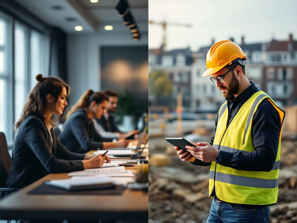 Split-screen vergelijking interne teamvergadering versus externe omgevingsmanager op bouwplaats met helm en tablet