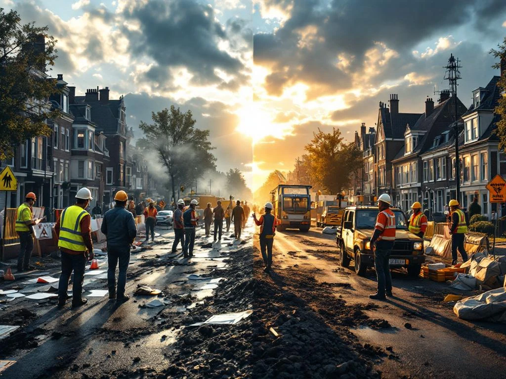 Split-screen vergelijking: chaotische bouwplaats links versus professioneel beheerde omgevingsmanagement rechts
