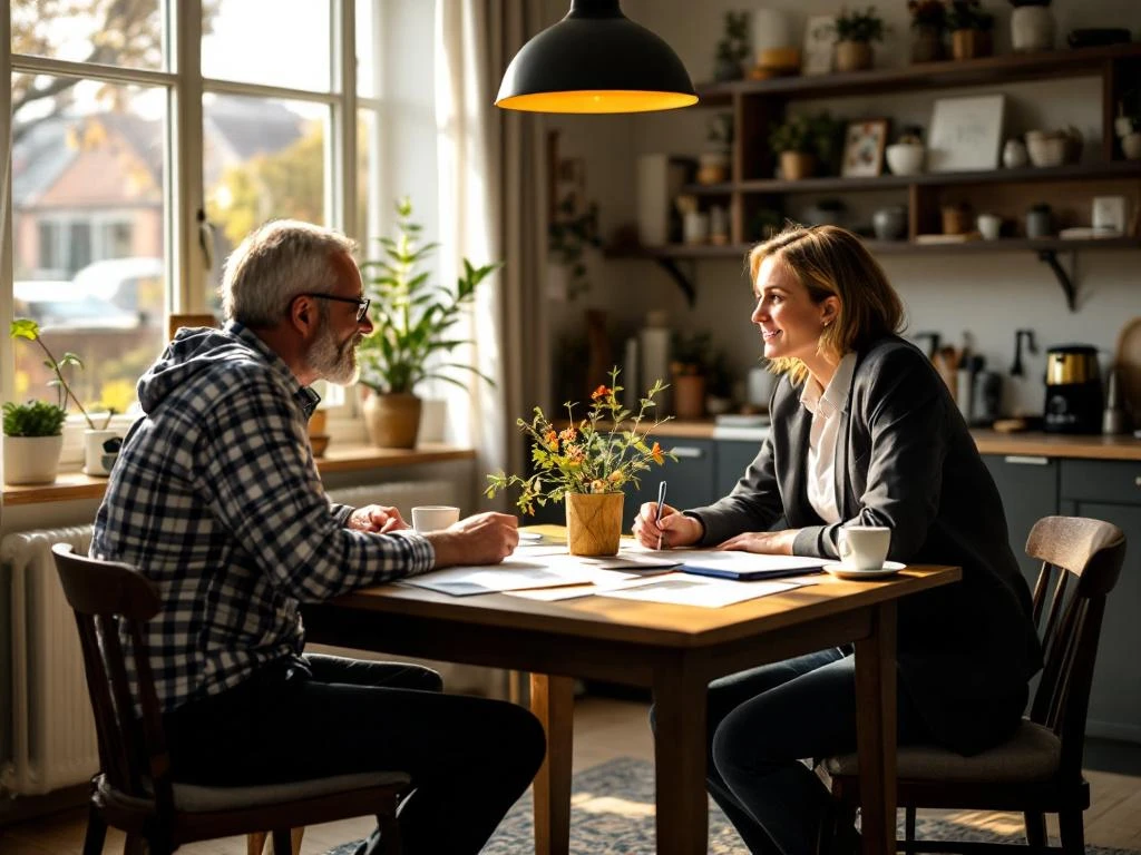 Milieumanager en bewoner in gesprek aan keukentafel met projectdocumenten, koffie en natuurlijk licht in Nederlandse woning