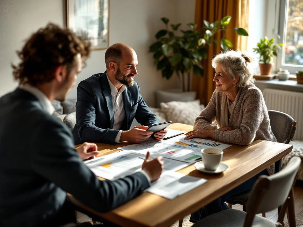 Milieumanager overlegt met bewoner aan keukentafel over bouwplannen, tablet en projectdocumenten zichtbaar in Nederlandse woning