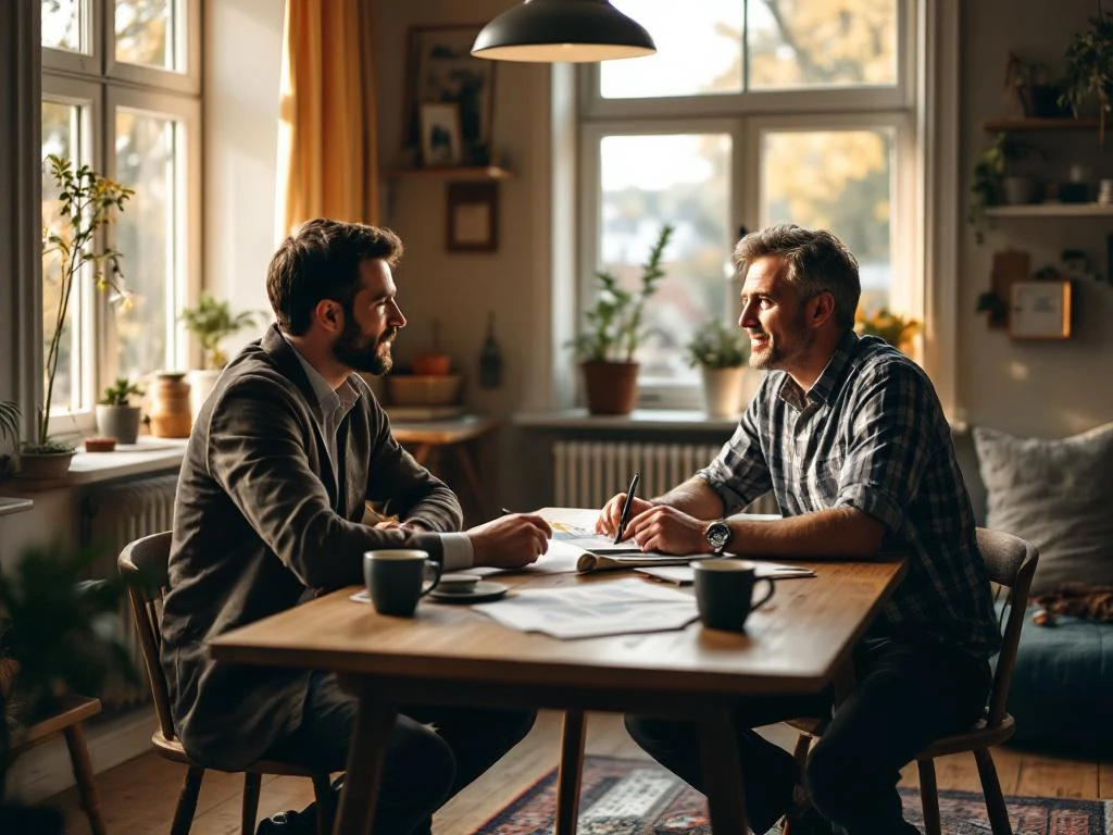 Milieumanager in gesprek met huiseigenaar aan keukentafel in Nederlandse woonkamer, projectdocumenten uitgespreid