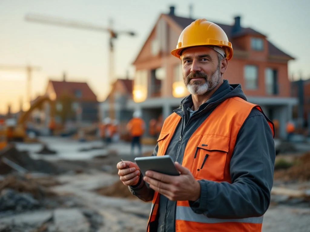 Omgevingsmanager met tablet op Nederlandse bouwplaats met woningen, graafmachines en oranje hekwerk op bewolkte dag