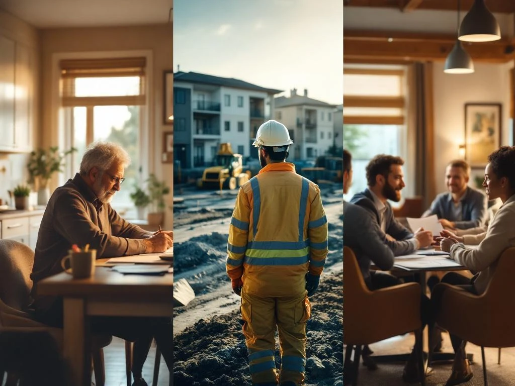 Drie omgevingsmanagers werken in verschillende projectomgevingen: thuis met bewoner, op bouwplaats, in vergaderruimte