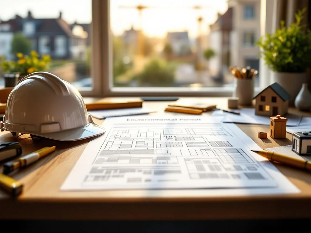 Omgevingsvergunning aanvraag op bureau met bouwplannen, meetgereedschap, helm en huismodel op kantoorbureau