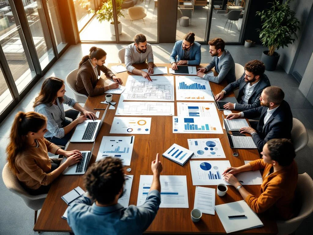 Diverse professionals collaboreren rond vergadertafel met blauwdrukken en projectdocumenten in moderne boardroom