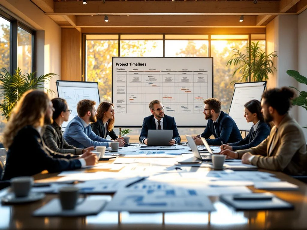 Diverse professionals collaborating around conference table with project blueprints and laptops in modern meeting room