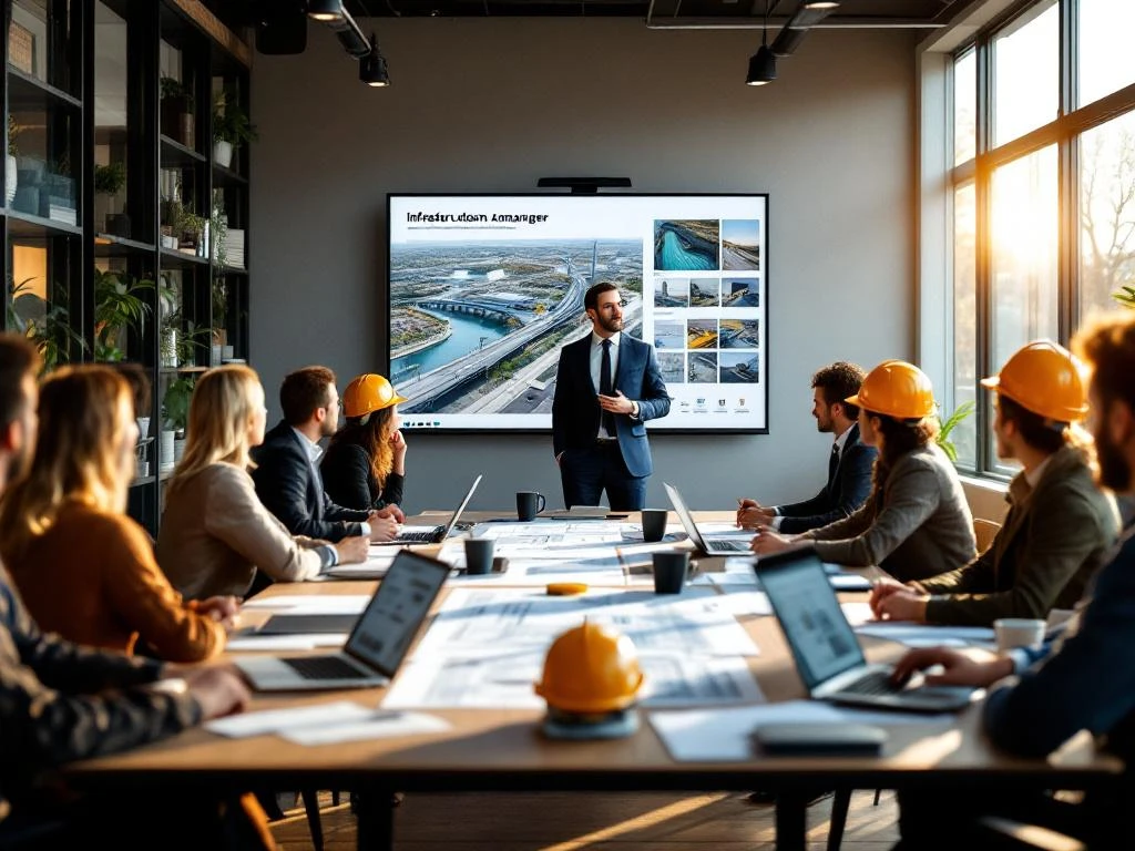 Projectmanager presenteert infrastructuurplannen aan diverse stakeholders rond vergadertafel met blauwdrukken en laptops