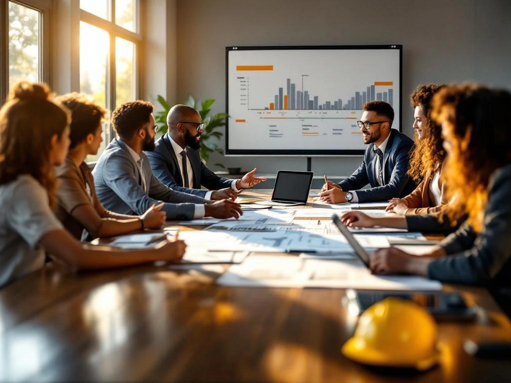 Diverse professionals discussing project plans around conference table with blueprints, laptops and construction helmets