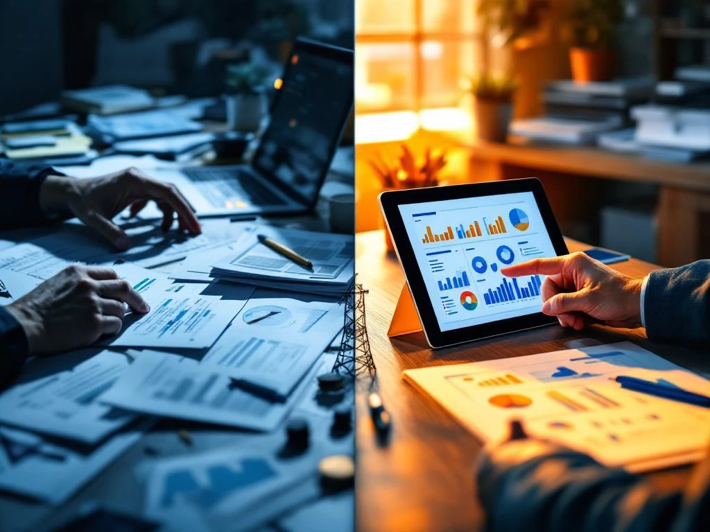 Gesplitst scherm toont rommelig bureau links versus georganiseerde projectmanagement consultant met tablet rechts