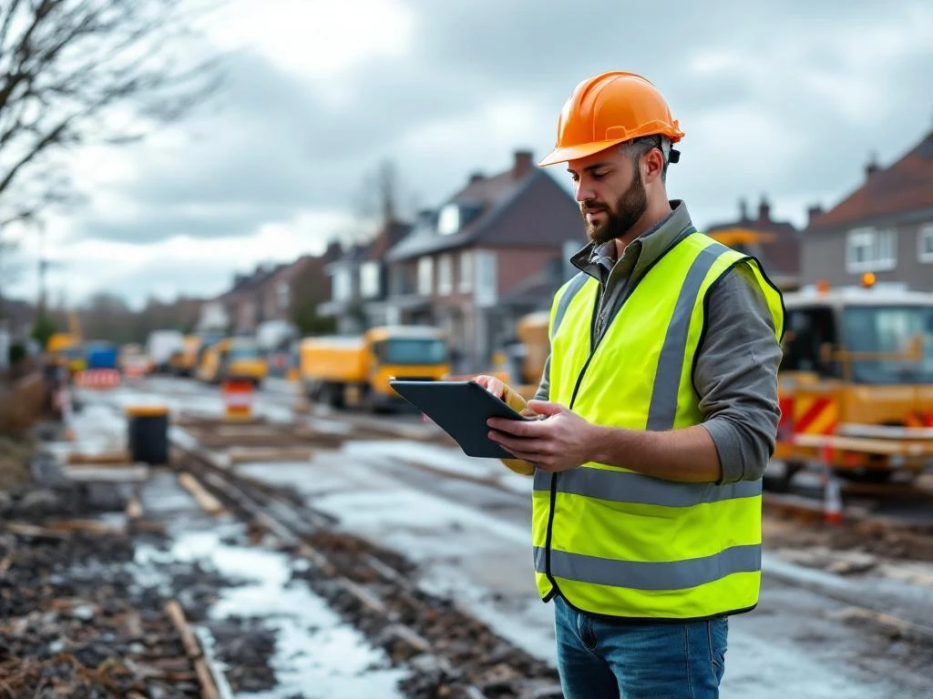 Projectmanager met veiligheidshelm en tablet coördineert vergunningen op Nederlandse bouwplaats met voertuigen en materialen