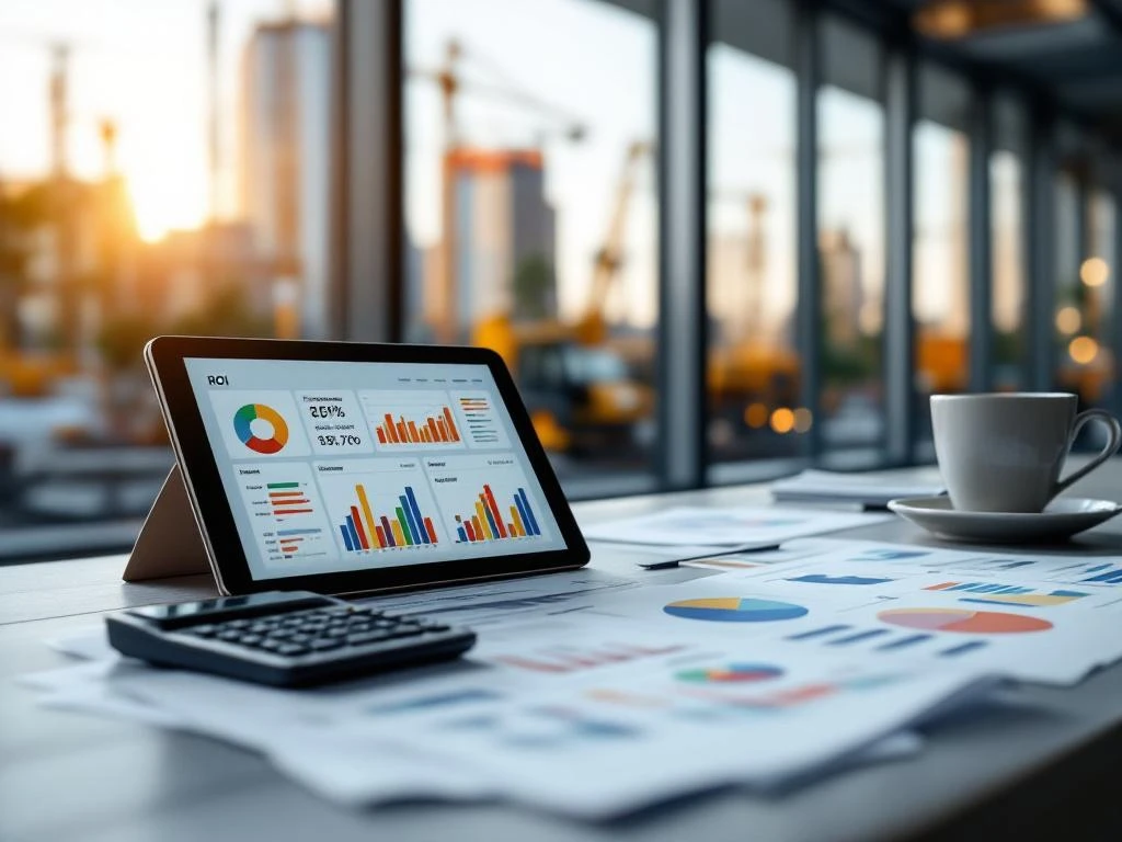 Moderne kantoorbureau met financiële documenten, ROI-berekeningen en tablet met datavisualisaties, bouwprojecten op achtergrond
