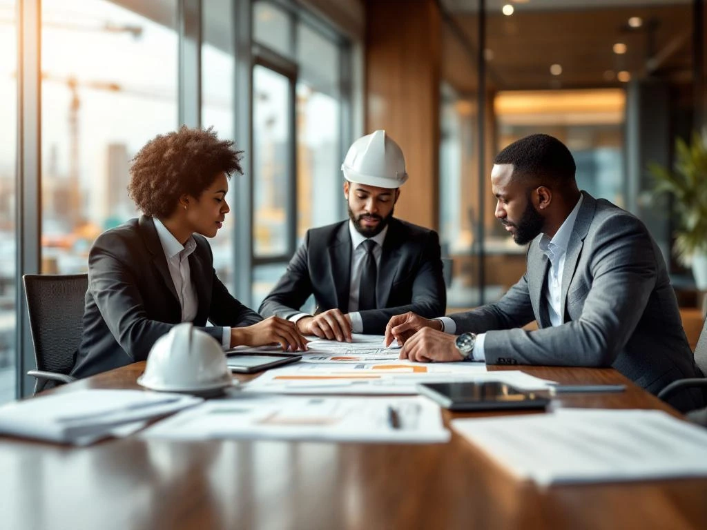 Drie professionals bespreken kandidaatselectie met bouwhelmen, tablets en blauwdrukken op tafel in moderne vergaderruimte