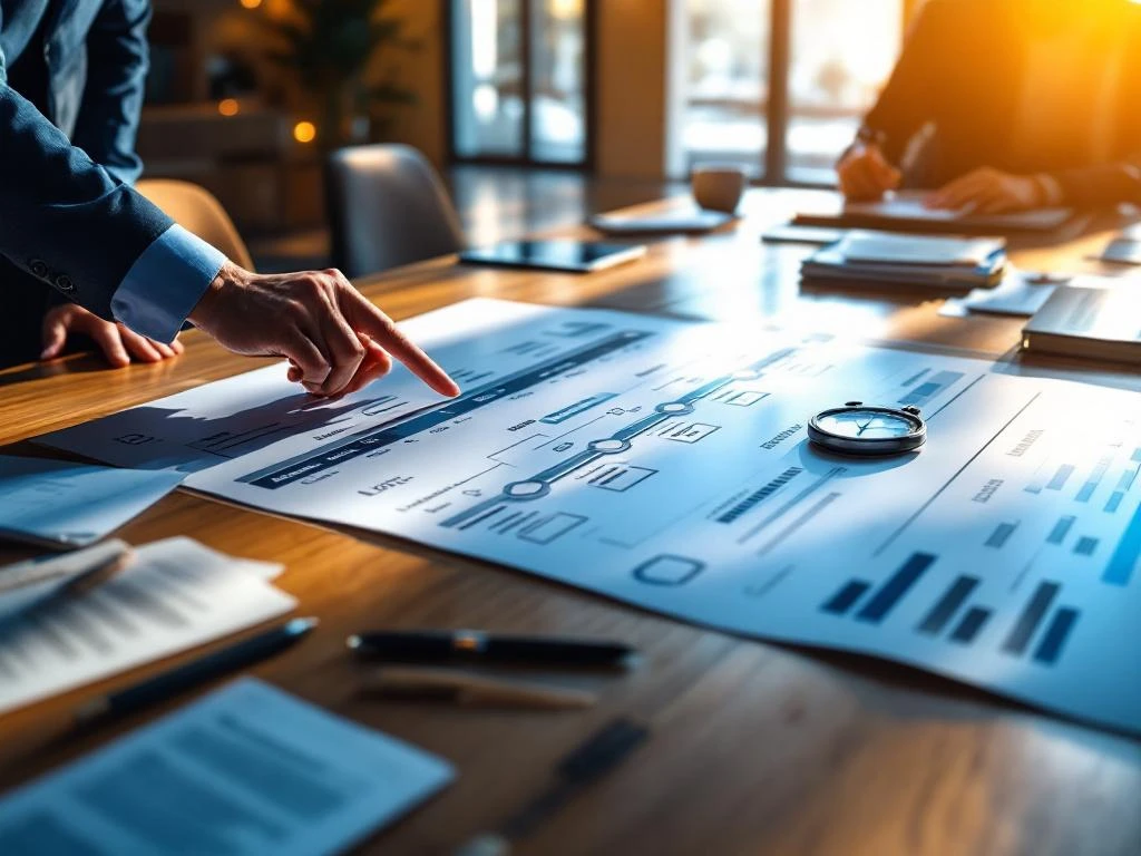 Professionele handen wijzen naar selectieproces flowchart op houten conferentietafel met cv's en evaluatieformulieren