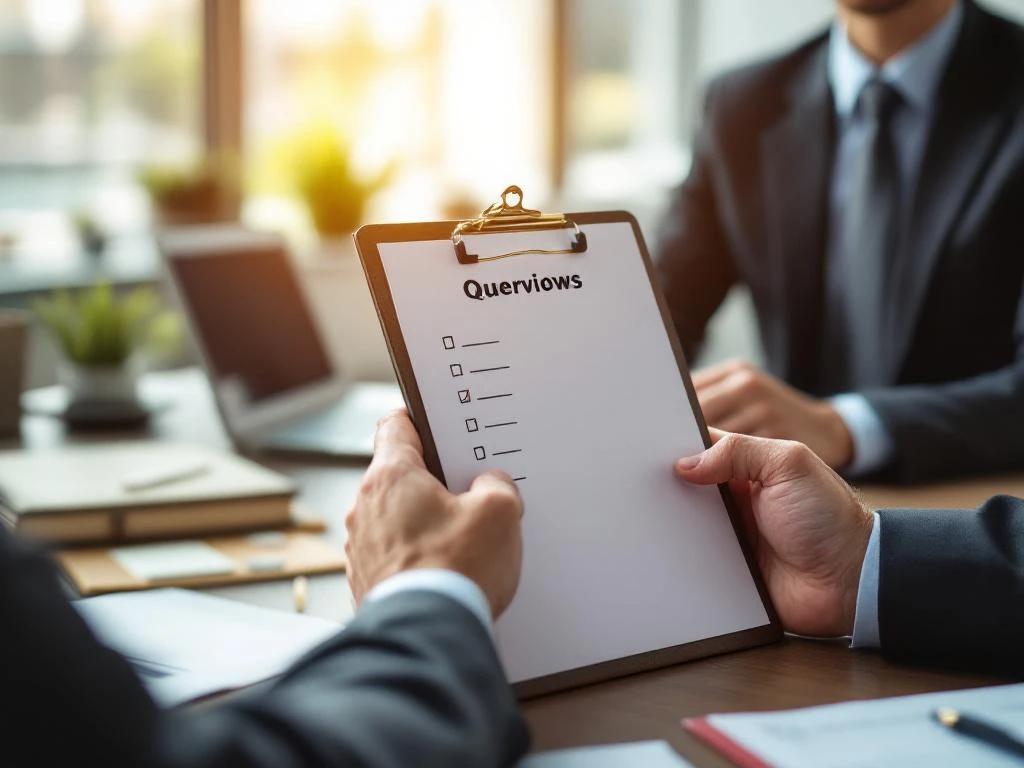 Handen houden klembord met interviewvragen tijdens sollicitatiegesprek in modern kantoor met natuurlijk licht