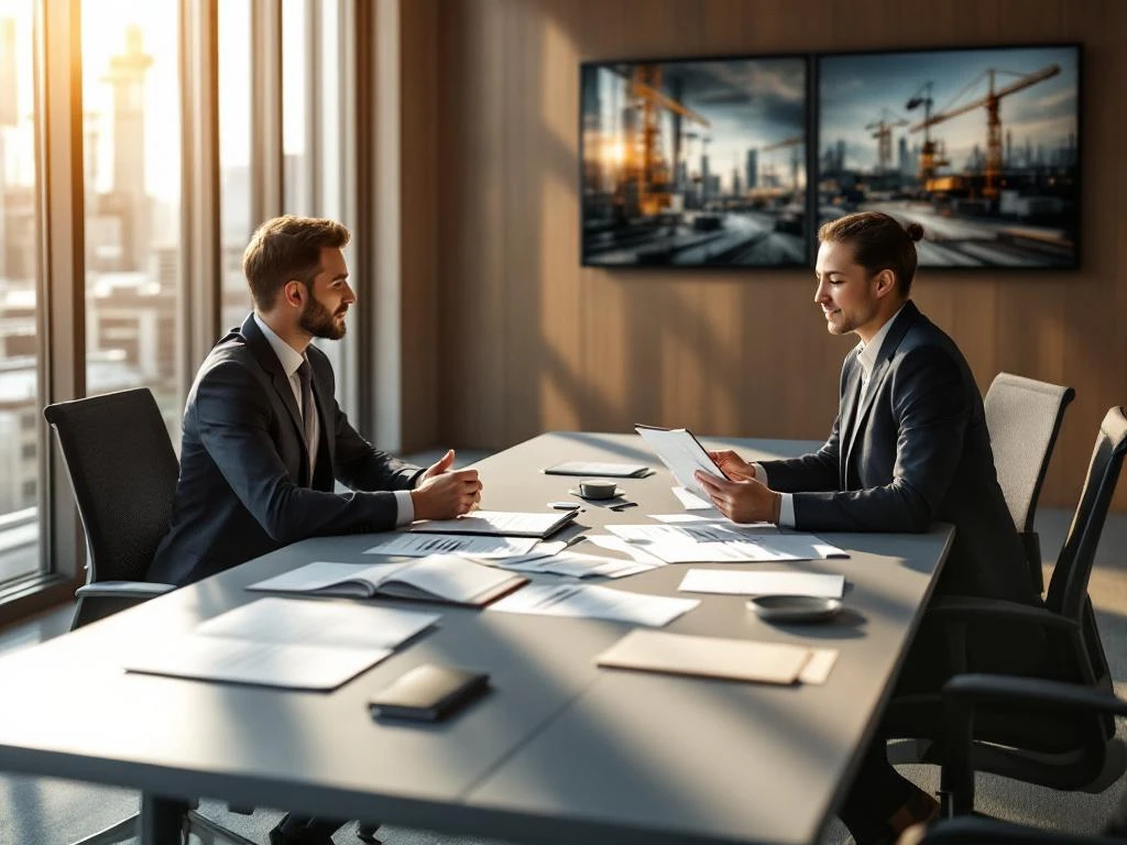 Professioneel sollicitatiegesprek in moderne kantoorruimte met interviewer die documenten en tablet bekijkt
