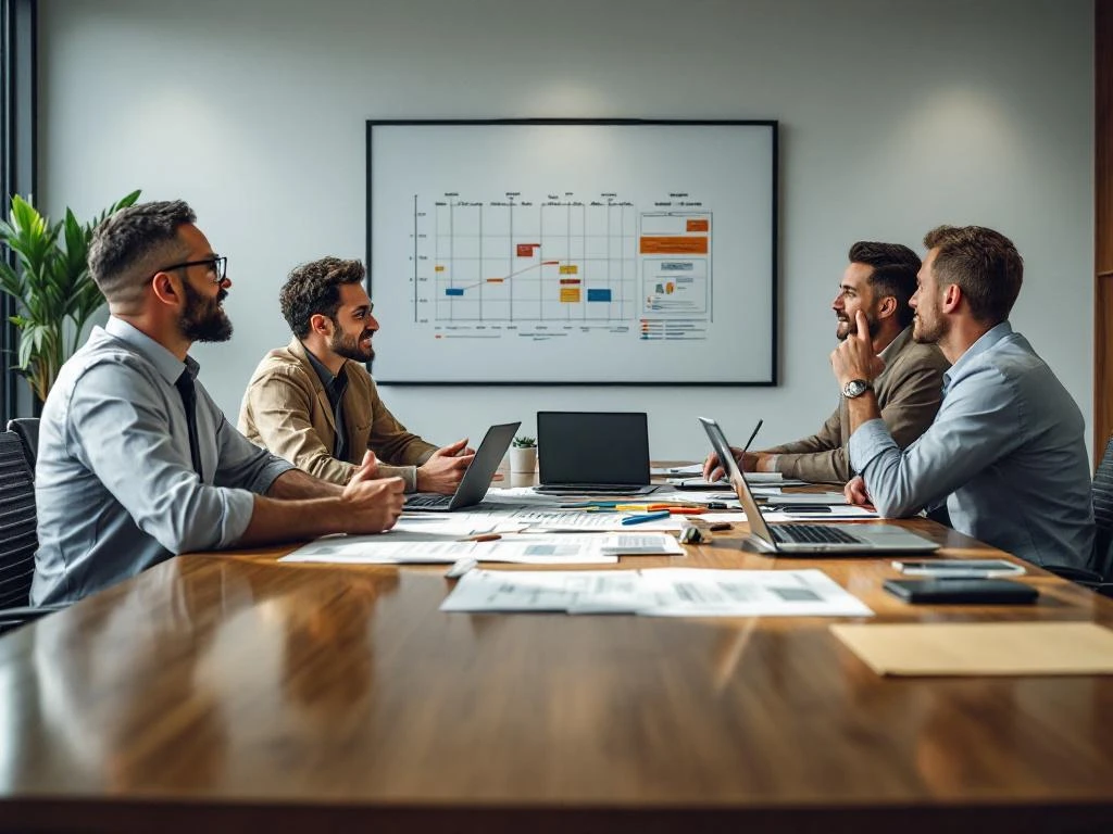 Diverse professionals in vergadering rond houten tafel met bouwplannen, laptops en projectdocumenten in moderne conferentieruimte