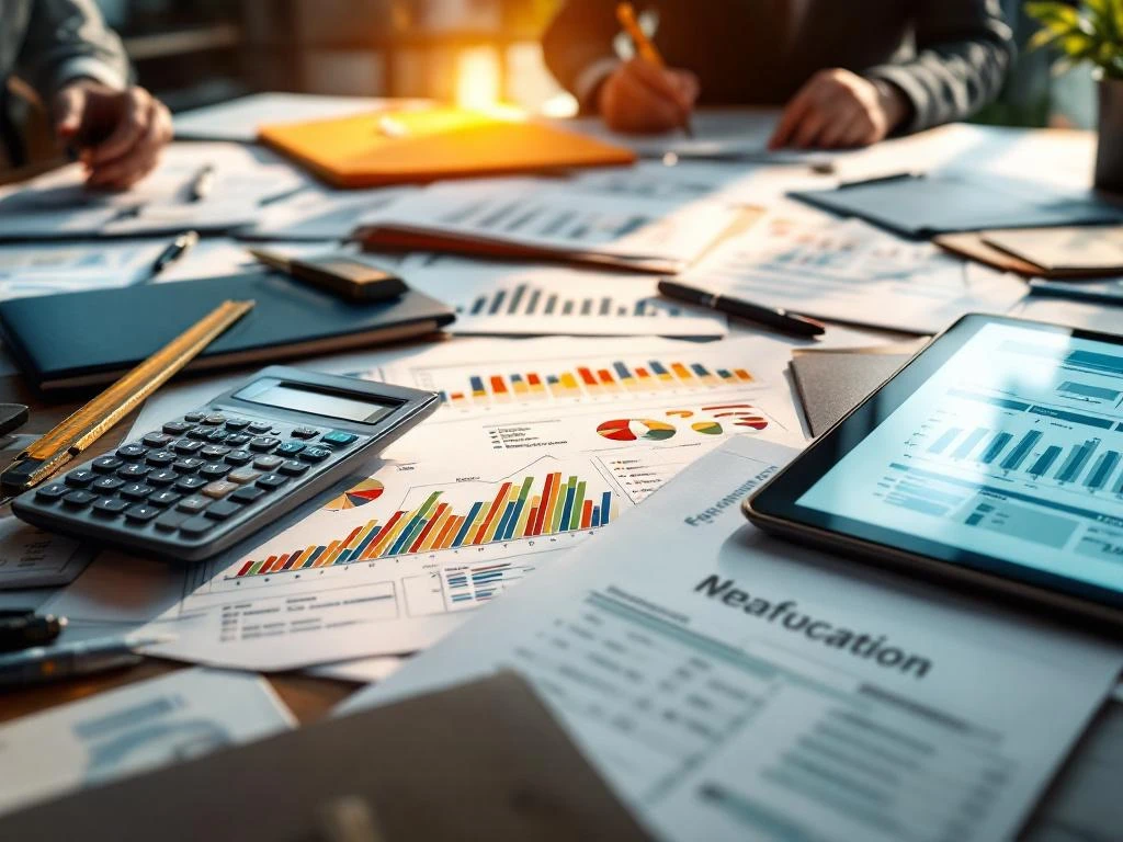 Professionele vergadertafel met projectvoorstellen, offertedocumenten, vergelijkingsgrafieken en digitale tablet