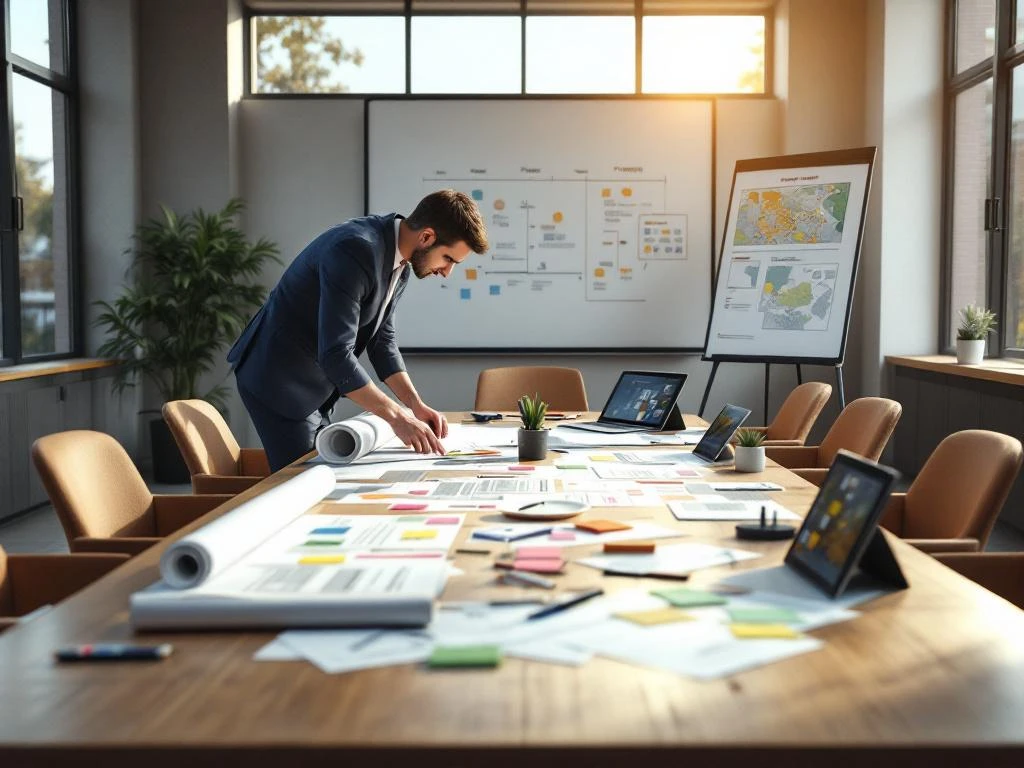 Projectmanager bereidt vergaderruimte voor met bouwplannen, tablets en materialen voor gemeenschapsoverleg