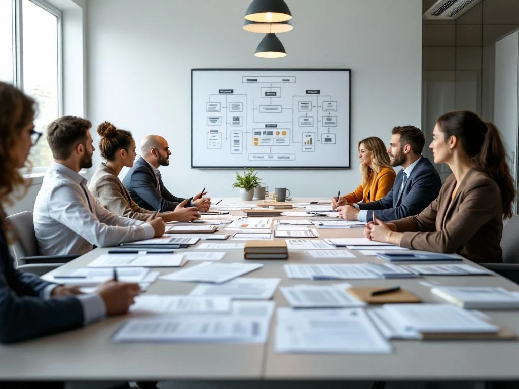 Vergaderruimte met belanghebbenden rond conferentietafel met bouwvergunningen, architectonische plannen en officiële documenten