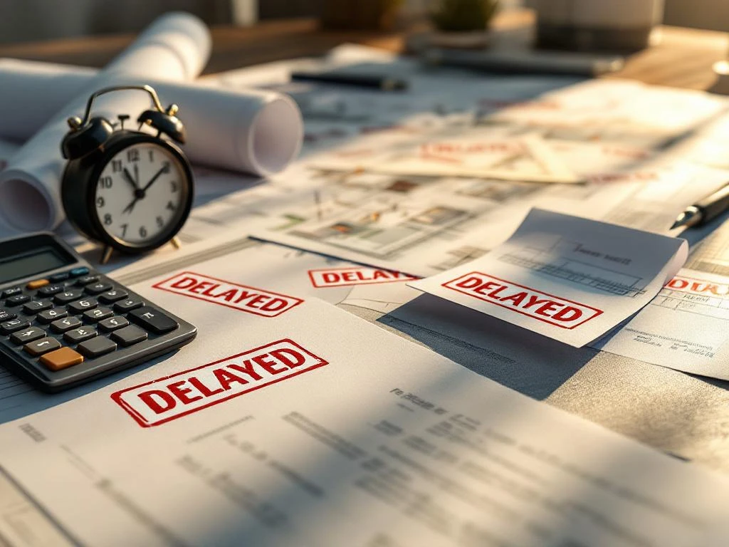 Bureaudesk met calculator, documenten met "VERTRAAGD" stempels en doorgestreepte bouwplannen die vertragingskosten tonen
