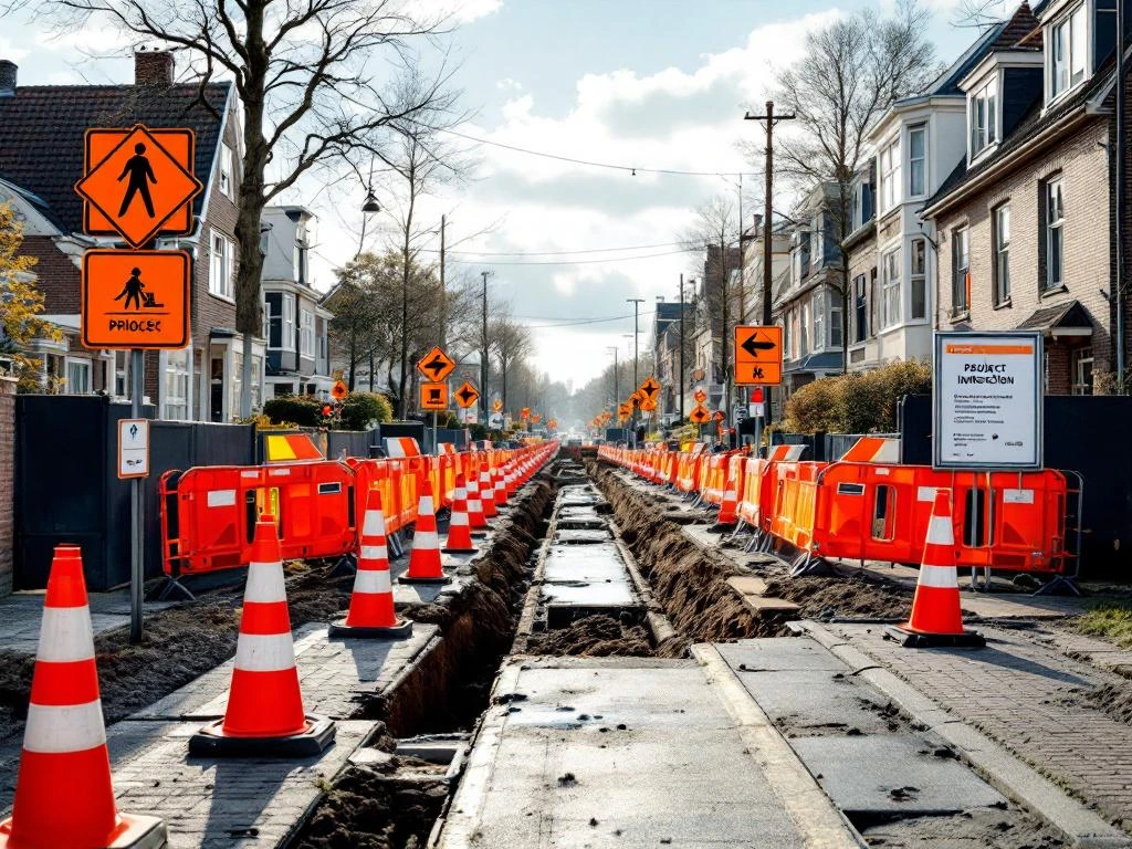 Nederlandse woonstraat met oranje verkeerskegels, bouwborden en tijdelijke voetgangersroute tijdens wegwerkzaamheden