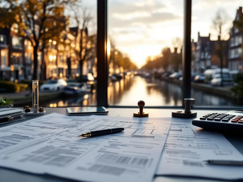 Ambtenaar beoordeelt watervergunningen aan bureau met uitzicht op Nederlandse gracht met traditionele architectuur