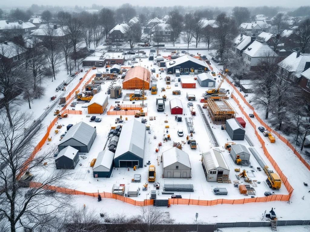 Luchtfoto van bouwplaats in Nederlandse woonwijk tijdens winter met verwarmde tenten en seizoensgebonden planning